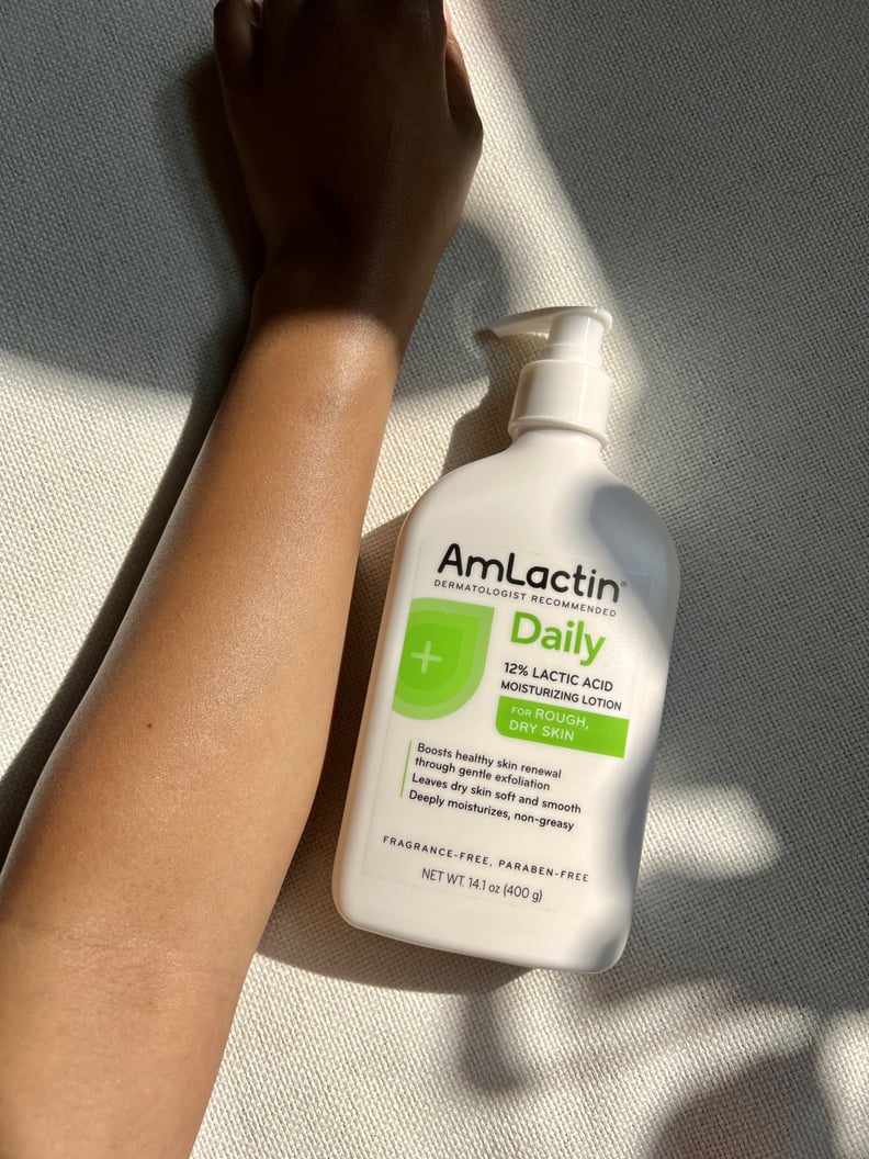 The AmLactin Daily Lotion next to woman's arm showing the smooth glowing results of using the body lotion. 